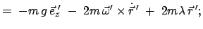 $\displaystyle =\;-m g \vec{e}_z{\!'}\;-\; 2m  \vec{\omega}'\times\dot{\vec{r}}{ '}\;+\;2m\lambda \vec{r}{ '};$