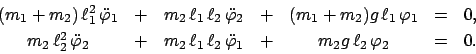 \begin{displaymath}\begin{array}{ccccccl} (m_{1}+m_{2})  \ell_{1}^{2}   \ddot{...
...1} & + & m_{2}g   \ell_{2}   \varphi_{2} & = & 0. \end{array}\end{displaymath}