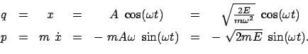 \begin{displaymath}\begin{array}{ccccccc} q & = & x & = & A  \cos (\omega t) & ...
...omega t) & = & -  \sqrt{2 m E}  \sin (\omega t) . \end{array}\end{displaymath}