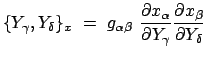 $\displaystyle \{ Y_\gamma, Y_\delta \}_x  =  g_{\alpha\beta} \
\frac{\partial x_\alpha}{\partial Y_\gamma} \frac{\partial x_\beta}{\partial
Y_\delta}$