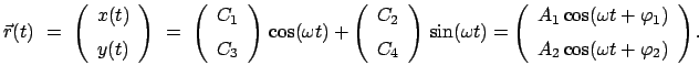 $\displaystyle \vec r(t)  =  \left( \begin{array}{c} x(t)  [2mm] y(t) \end{a...
... \varphi_{1})  [2mm] A_{2} \cos(\omega t + \varphi_{2}) \end{array} \right) .$